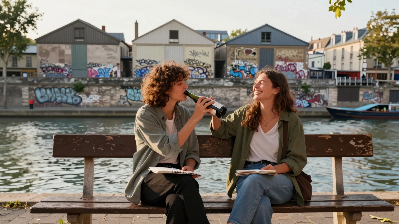 Two people share wine by the Canal Saint-Martin at sunrise, one sketching, the other laughing, in a vibrant, authentic Paris moment.